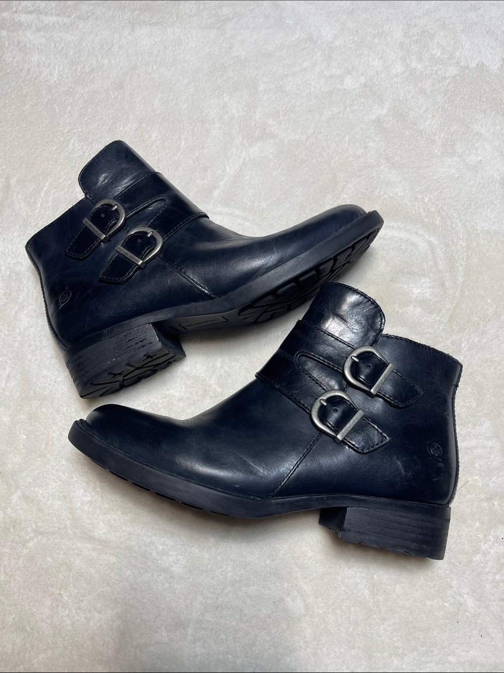 Born Black Leather Double Buckle Ankle Booties Size 6.5